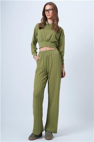 Kadın Yağ Yeşili Kapüşonlu Ajurlu Triko Sweat Ve Beli Lastikli Palazzo Pantolon VS01318