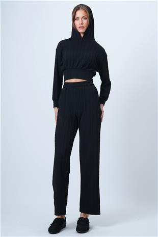 Kadın Siyah Kapüşonlu Ajurlu Triko Sweat Ve Beli Lastikli Palazzo Pantolon VS01318