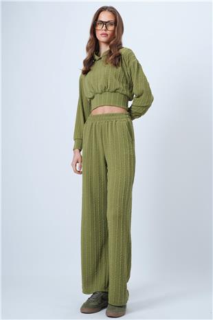 Kadın Yağ Yeşili Kapüşonlu Ajurlu Triko Sweat Ve Beli Lastikli Palazzo Pantolon VS01318