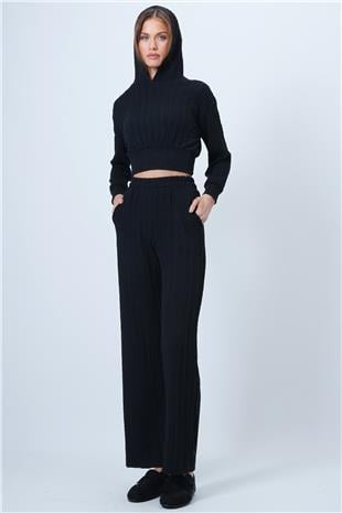 Kadın Siyah Kapüşonlu Ajurlu Triko Sweat Ve Beli Lastikli Palazzo Pantolon VS01318
