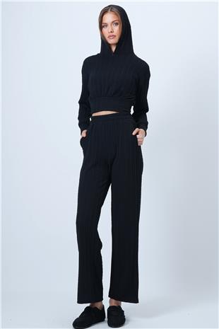Kadın Siyah Kapüşonlu Ajurlu Triko Sweat Ve Beli Lastikli Palazzo Pantolon VS01318