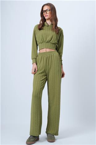 Kadın Yağ Yeşili Kapüşonlu Ajurlu Triko Sweat Ve Beli Lastikli Palazzo Pantolon VS01318