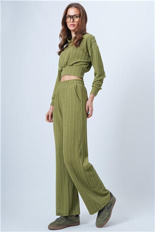 Kadın Yağ Yeşili Kapüşonlu Ajurlu Triko Sweat Ve Beli Lastikli Palazzo Pantolon VS01318
