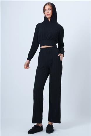 Kadın Siyah Kapüşonlu Ajurlu Triko Sweat Ve Beli Lastikli Palazzo Pantolon VS01318