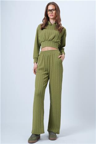 Kadın Yağ Yeşili Kapüşonlu Ajurlu Triko Sweat Ve Beli Lastikli Palazzo Pantolon VS01318
