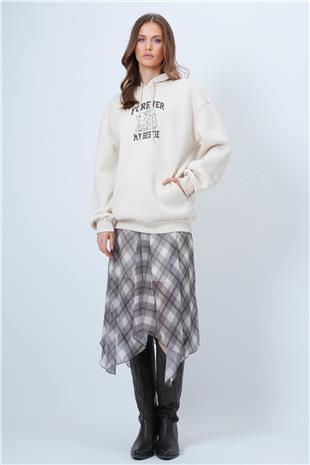 Kadın Ekru Kapüşonlu Baskılı Kanguru Cepli Uzun Kollu Sweatshirt VS01338