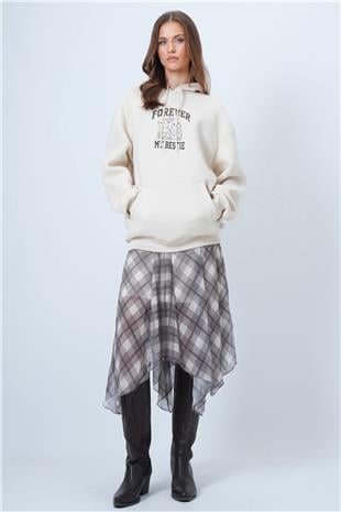 Kadın Ekru Kapüşonlu Baskılı Kanguru Cepli Uzun Kollu Sweatshirt VS01338