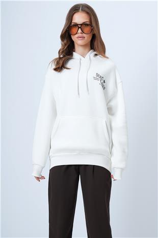 Kadın Ekru Kapüşonlu Baskılı Kanguru Cepli Uzun Kollu Sweatshirt VS01337