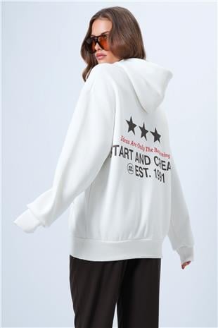 Kadın Ekru Kapüşonlu Baskılı Kanguru Cepli Uzun Kollu Sweatshirt VS01337