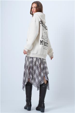 Kadın Ekru Kapüşonlu Baskılı Kanguru Cepli Uzun Kollu Sweatshirt VS01338