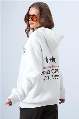 Kadın Ekru Kapüşonlu Baskılı Kanguru Cepli Uzun Kollu Sweatshirt VS01337