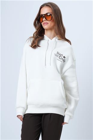 Kadın Ekru Kapüşonlu Baskılı Kanguru Cepli Uzun Kollu Sweatshirt VS01337