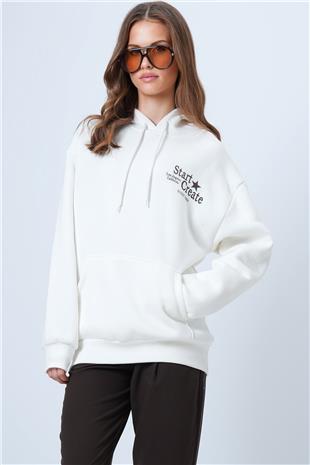 Kadın Ekru Kapüşonlu Baskılı Kanguru Cepli Uzun Kollu Sweatshirt VS01337