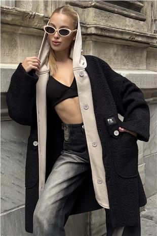 Kadın Siyah Kapüşonlu Çift Cepli Düğme Kapamalı Kaşe Kaban VS01288