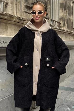 Kadın Siyah Kapüşonlu Çift Cepli Düğme Kapamalı Kaşe Kaban VS01288