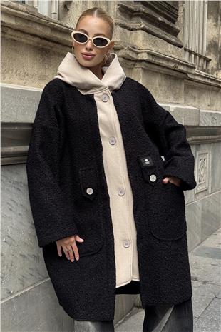 Kadın Siyah Kapüşonlu Çift Cepli Düğme Kapamalı Kaşe Kaban VS01288