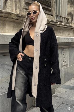 Kadın Siyah Kapüşonlu Çift Cepli Düğme Kapamalı Kaşe Kaban VS01288