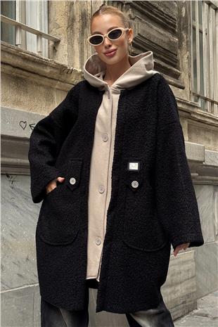 Kadın Siyah Kapüşonlu Çift Cepli Düğme Kapamalı Kaşe Kaban VS01288