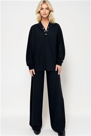 Kadın Siyah Kapüşonlu Çıtçıtlı Oversize Sweatshirt Ve Pantolonlu Alt Üst Takım ALC-X12476