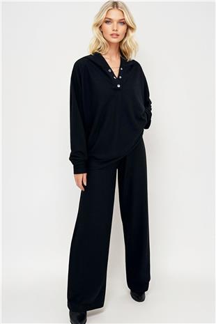 Kadın Siyah Kapüşonlu Çıtçıtlı Oversize Sweatshirt Ve Pantolonlu Alt Üst Takım ALC-X12476