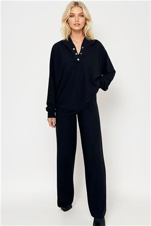 Kadın Siyah Kapüşonlu Çıtçıtlı Oversize Sweatshirt Ve Pantolonlu Alt Üst Takım ALC-X12476
