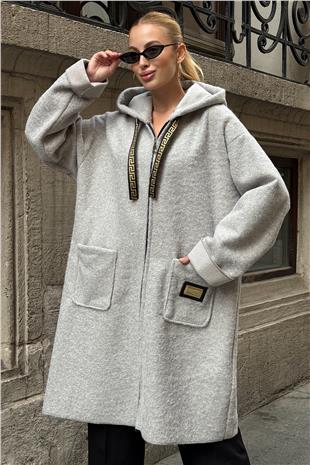 Kadın Gri Kapüşonlu Fermuar Kapamalı Torba Cepli Astarsız Kaban VS01284