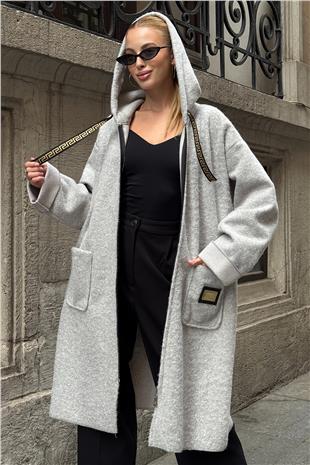 Kadın Gri Kapüşonlu Fermuar Kapamalı Torba Cepli Astarsız Kaban VS01284