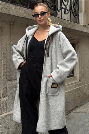 Kadın Gri Kapüşonlu Fermuar Kapamalı Torba Cepli Astarsız Kaban VS01284