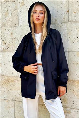 Kadın Siyah Kapüşonlu Fermuarlı Çift Cepli Yağmurluk Ceket ALC-X12514