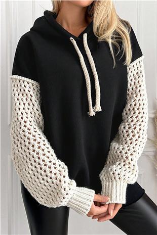 Kadın Siyah Kapüşonlu File Örgü Kol Bağcıklı 3 İplik Sweatshirt VS00943