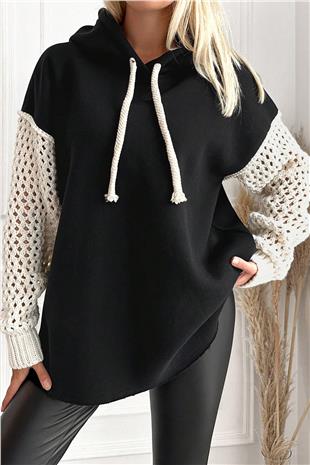 Kadın Siyah Kapüşonlu File Örgü Kol Bağcıklı 3 İplik Sweatshirt VS00943