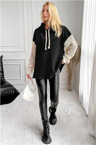 Kadın Siyah Kapüşonlu File Örgü Kol Bağcıklı 3 İplik Sweatshirt VS00943