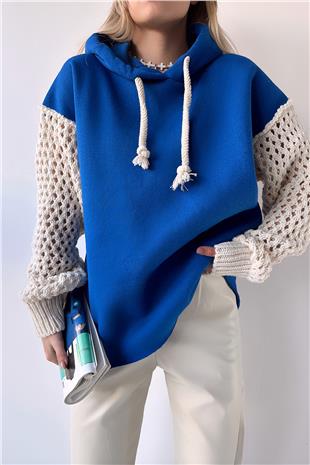 Kadın Saks Kapüşonlu File Örgü Kol Bağcıklı 3 İplik Sweatshirt VS00943