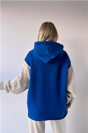 Kadın Saks Kapüşonlu File Örgü Kol Bağcıklı 3 İplik Sweatshirt VS00943