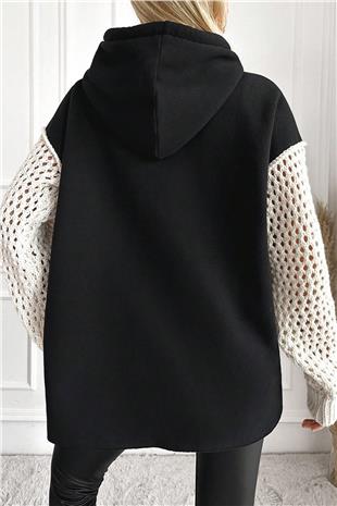 Kadın Siyah Kapüşonlu File Örgü Kol Bağcıklı 3 İplik Sweatshirt VS00943