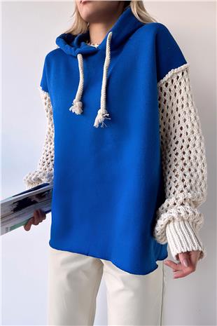 Kadın Saks Kapüşonlu File Örgü Kol Bağcıklı 3 İplik Sweatshirt VS00943