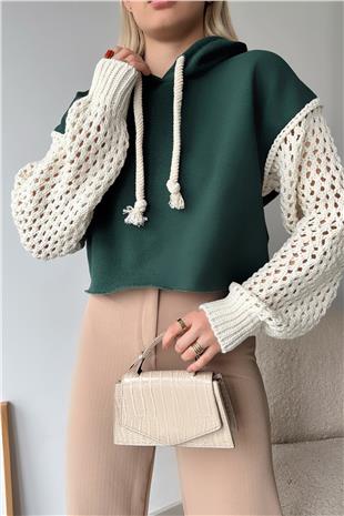 Kadın Koyu Yeşil Kapüşonlu File Örgü Kol Bağcıklı Crop Sweatshirt VS00939