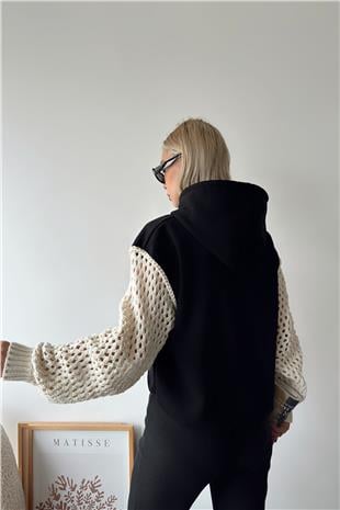 Kadın Siyah Kapüşonlu File Örgü Kol Bağcıklı Crop Sweatshirt VS00939