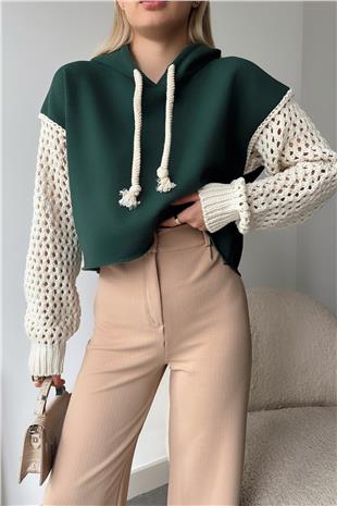 Kadın Koyu Yeşil Kapüşonlu File Örgü Kol Bağcıklı Crop Sweatshirt VS00939