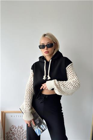 Kadın Siyah Kapüşonlu File Örgü Kol Bağcıklı Crop Sweatshirt VS00939