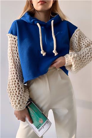 Kadın Saks Kapüşonlu File Örgü Kol Bağcıklı Crop Sweatshirt VS00939