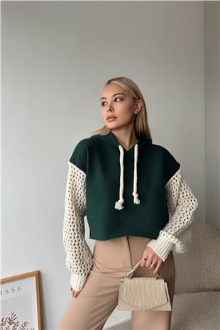Kadın Koyu Yeşil Kapüşonlu File Örgü Kol Bağcıklı Crop Sweatshirt VS00939