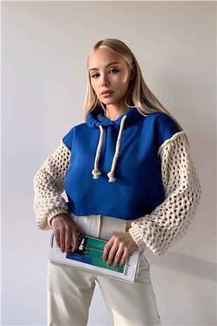 Kadın Saks Kapüşonlu File Örgü Kol Bağcıklı Crop Sweatshirt VS00939