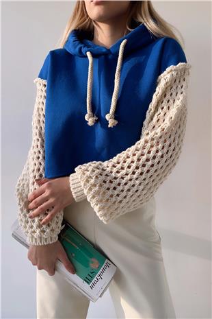 Kadın Saks Kapüşonlu File Örgü Kol Bağcıklı Crop Sweatshirt VS00939