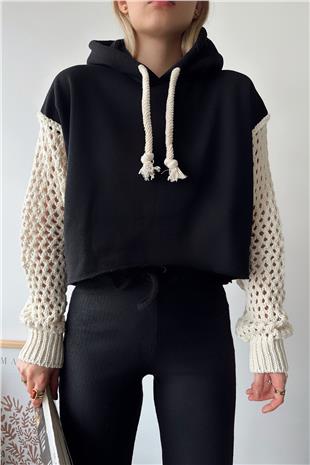 Kadın Siyah Kapüşonlu File Örgü Kol Bağcıklı Crop Sweatshirt VS00939