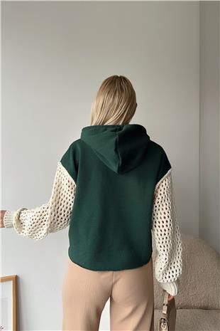 Kadın Koyu Yeşil Kapüşonlu File Örgü Kol Bağcıklı Crop Sweatshirt VS00939