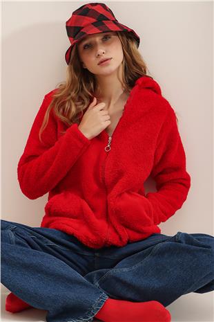 Kapüşonlu Önü Fermuarlı Çift Cepli Oversize Peluş Sweatshirt - Kırmızı
