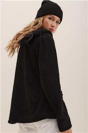 Kapüşonlu Önü Fermuarlı Çift Cepli Oversize Peluş Sweatshirt - Siyah