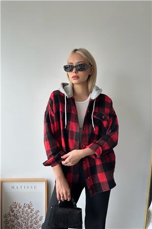 Kadın Kırmızı Kapüşonlu Oversize Cepli Düğmeli Ekose Gömlek Ceket VS00936