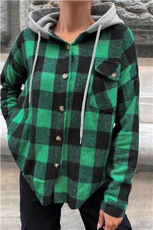 Kadın Yeşil Kapüşonlu Oversize Cepli Düğmeli Ekose Gömlek Ceket VS00936